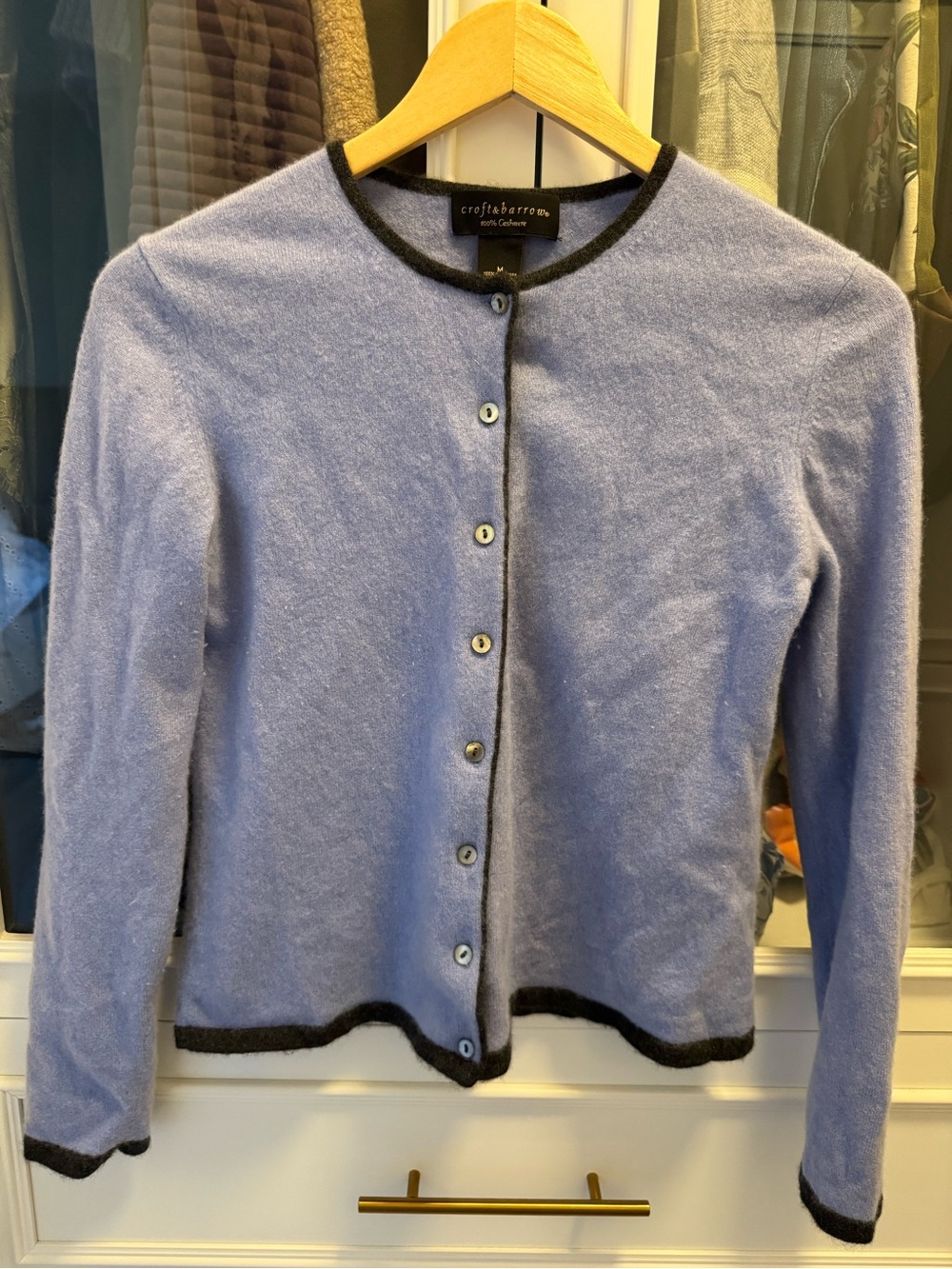 croft & barrow cashmere periwinkle Button-Front Cardigan with Charcoal Trim